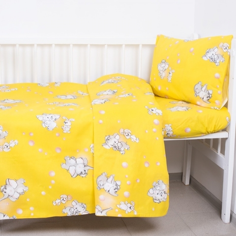 Постельное белье в детскую кроватку 1285/5 Мамонтенок желтый с простыней на резинке