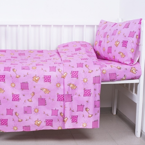 Постельное белье в детскую кроватку 366/3 Жирафики розовый с простыней на резинке
