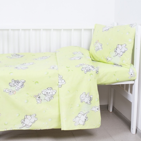 Постельное белье в детскую кроватку 1285/3 Мамонтенок зеленый с простыней на резинке