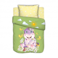 Постельное белье в детскую кроватку из сатина с простыней на резинке Бегемотик на полянке