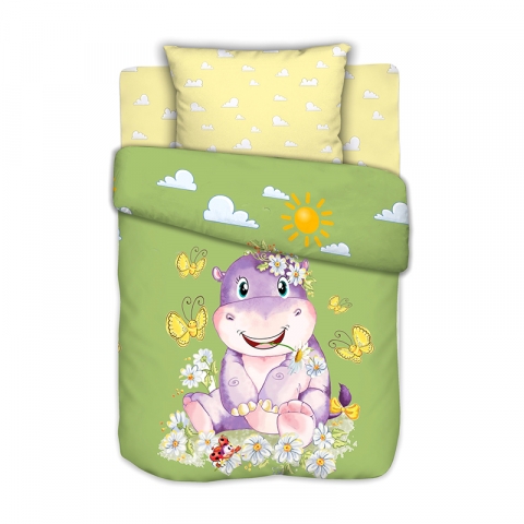 Постельное белье в детскую кроватку с простыней на резинке Бегемотик на полянке сатин