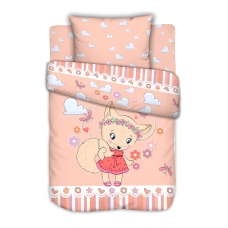 Постельное белье в детскую кроватку из сатина с простыней на резинке Лисичка на полянке