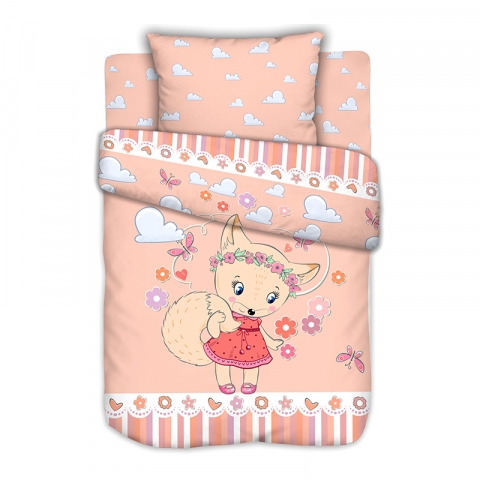 Постельное белье в детскую кроватку с простыней на резинке Лисичка на полянке сатин