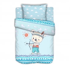 Постельное белье в детскую кроватку из сатина с простыней на резинке Мишка-индеец на полянке