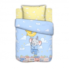 Постельное белье в детскую кроватку из сатина с простыней на резинке Слоненок в облаках на полянке