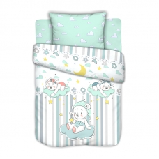 Постельное белье в детскую кроватку из сатина с простыней на резинке Сонные мишки на полянке