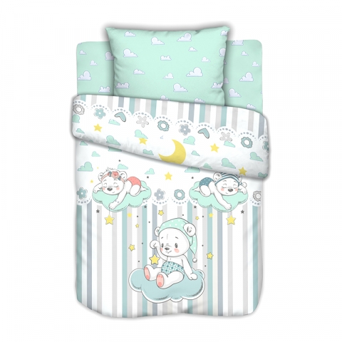 Постельное белье в детскую кроватку с простыней на резинке Сонные мишки на полянке сатин