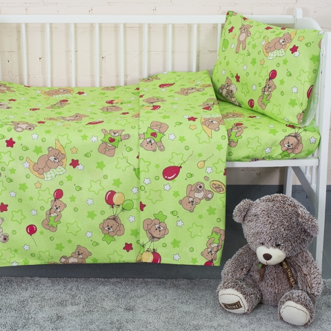 Постельное белье в детскую кроватку 350/2 Мишки зеленый с простыней на резинке