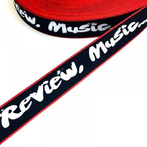 Тесьма черная красный кант надпись Fashion Review 2,5см 1метр уп 10 м