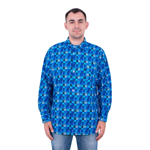 Рубашка мужская рукав длинный фланель набивная 64-66 Клетка Синяя