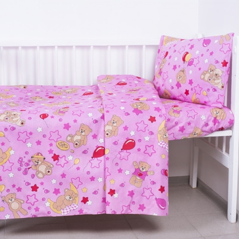 Постельное белье в детскую кроватку 350/3 Мишки розовый с простыней на резинке