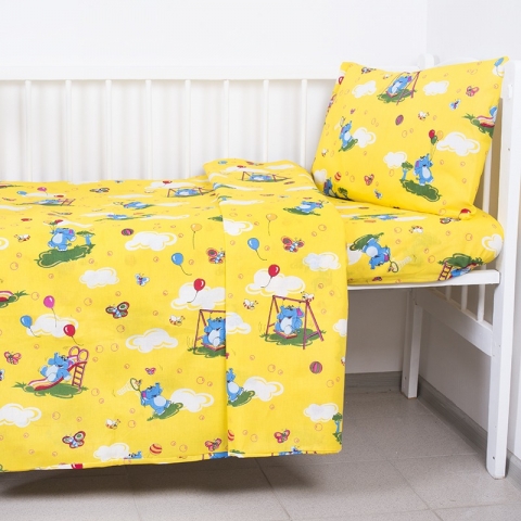 Постельное белье в детскую кроватку 315/5 Слоники с шариками цвет желтый  с простыней на резинке
