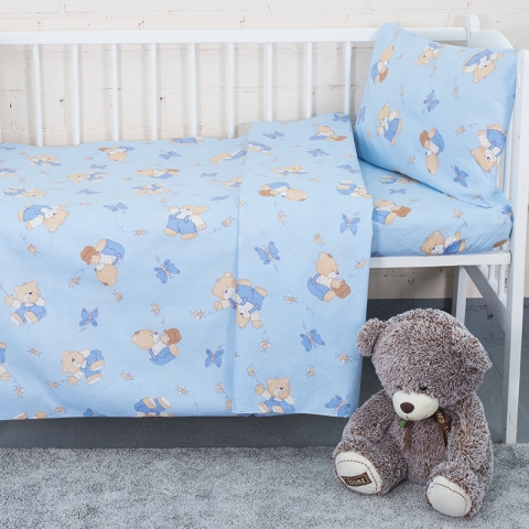 Постельное белье в детскую кроватку 1332/1 За медом голубой с простыней на резинке