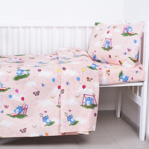 Постельное белье в детскую кроватку 315/4 Слоники с шариками персиковый с простыней на резинке