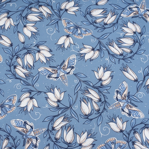 Ткань на отрез кулирка Цветы на голубом R4147-V3