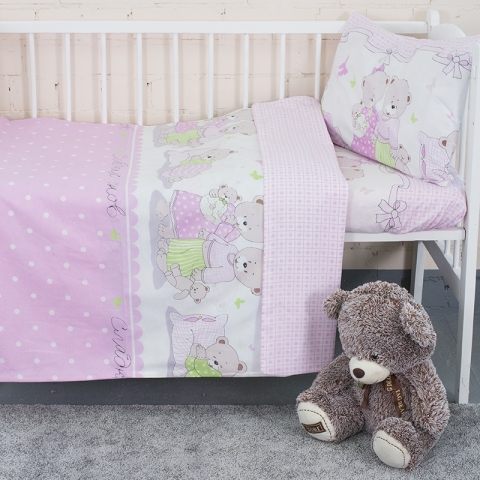 Постельное белье в детскую кроватку 1703/4 розовый поплин с простыней на резинке